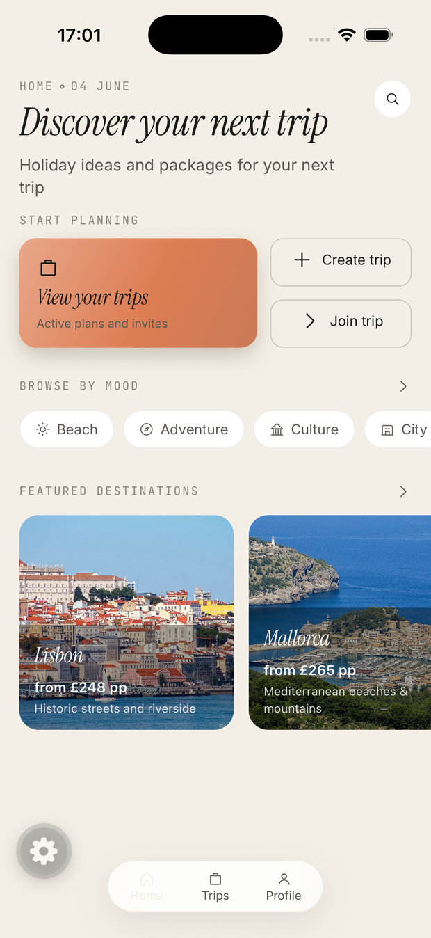 The Luvo app home screen — discover destinations and start planning a group trip