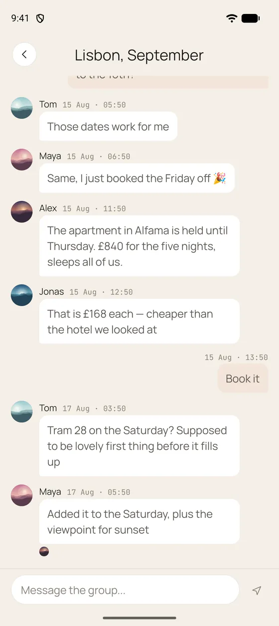 Luvo: group chat attached to the trip