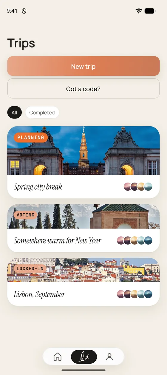 The Luvo trips list: three group trips in planning, voting and locked-in